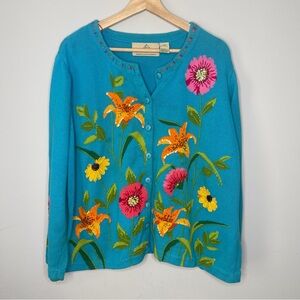 Vintage Design Options floral flower sweater button up cardigan size XXl 2xl